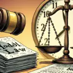 An illustration of a judge's gavel striking down a stack of papers labeled with cryptic symbols, while in the background a clock ticks away and a pair of scales balance out 'Hodl Law' on one side against an empty space marked by question marks. A faint image of a blockchain pattern is visible beneath the scales.