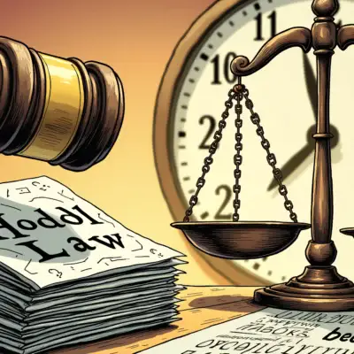 An illustration of a judge's gavel striking down a stack of papers labeled with cryptic symbols, while in the background a clock ticks away and a pair of scales balance out 'Hodl Law' on one side against an empty space marked by question marks. A faint image of a blockchain pattern is visible beneath the scales.