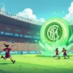 A cartoon football stadium with Inter Milan's logo emblazoned across it. A giant Gate.io logo is wrapped around one of the goalposts, while players from both men's and women's teams run in unison towards a bright green cryptocurrency symbol that has landed on the field.