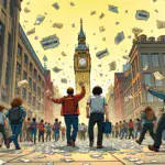 A comic illustration of a chaotic cityscape with buildings and streets filled with rushing people, each carrying a small suitcase or bag labeled 'Transaction'. Some are shown crashing into walls or getting stuck in revolving doors, while others speed by without issue. In the foreground, two figures stand amidst the chaos: one is frantically waving their arms, surrounded by failed transactions (represented as broken pieces of paper), and the other looks on calmly with a small suitcase labeled 'Liquidity'. The background features a large clock tower displaying 150 days since Dencun.