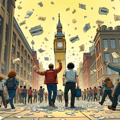 A comic illustration of a chaotic cityscape with buildings and streets filled with rushing people, each carrying a small suitcase or bag labeled 'Transaction'. Some are shown crashing into walls or getting stuck in revolving doors, while others speed by without issue. In the foreground, two figures stand amidst the chaos: one is frantically waving their arms, surrounded by failed transactions (represented as broken pieces of paper), and the other looks on calmly with a small suitcase labeled 'Liquidity'. The background features a large clock tower displaying 150 days since Dencun.