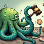 A cartoon kraken is shown with its tentacles wrapped around several cryptocurrency logos (ADA, ALGO, ATOM, FIL, FLOW, ICP, MANA, MATIC, NEAR, OMG, SOL) as a judge's gavel comes crashing down in the background. The scene suggests that Kraken has been 'pwnd' by the SEC and is being held accountable for its actions.