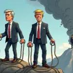 A cartoonish illustration of Robert F Kennedy Jr, Donald Trump and Kamala Harris standing on top of a mountain range, each holding onto a rope that represents their presidential ambitions. The ropes are tangled together as RFK Jr drops his end, symbolizing his withdrawal from the election race. In the background, a dark cloud looms over Harris's figure, while Trump stands tall with a confident grin.