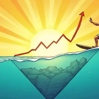 A stylized illustration featuring Solana (SOL) as a surfer riding an upward wave on a calm sea. The sun shines brightly in the background with rays extending towards SOL's rising price chart forming above it. A symmetrical triangle pattern is depicted below the surface, symbolizing market consolidation and anticipation of interest rate cuts.