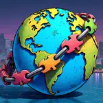 A cartoonish illustration depicting a giant blockchain chain wrapped around the globe with various industry sectors (entertainment, gaming, finance) represented as colorful puzzle pieces being connected to it. In the background, a cityscape of Tokyo is visible with neon lights reflecting off the water.