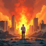 A cityscape lies in ruins as buildings crumble into dust beneath an apocalyptic sky. A lone figure stands amidst the devastation, clutching a smartphone with a screen displaying a blockchain logo and plummeting stock prices. In the background, flames engulf what remains of financial institutions.