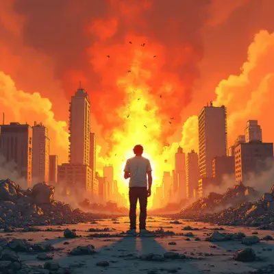 A cityscape lies in ruins as buildings crumble into dust beneath an apocalyptic sky. A lone figure stands amidst the devastation, clutching a smartphone with a screen displaying a blockchain logo and plummeting stock prices. In the background, flames engulf what remains of financial institutions.