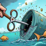 A cartoonish illustration depicting a giant tuna can being ripped apart by a pair of scissors held by a stern-looking judge's gavel-wielding hand. In the background, several fish (representing cryptocurrencies) swim away in disarray as Kraken's logo is shown shattered on the seafloor.