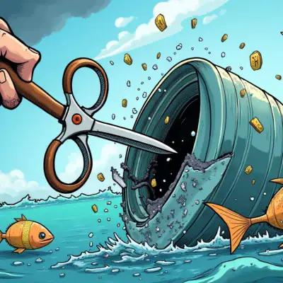 A cartoonish illustration depicting a giant tuna can being ripped apart by a pair of scissors held by a stern-looking judge's gavel-wielding hand. In the background, several fish (representing cryptocurrencies) swim away in disarray as Kraken's logo is shown shattered on the seafloor.
