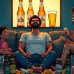 An illustration of an Egyptian man sitting on a couch surrounded by empty cans and bottles while watching TV. The background is dimly lit but there's a faint glow from the screen showing images of beer advertisements. He looks relaxed with his eyes closed, seemingly enjoying himself. A few Moussy beers are placed in front of him along with some snacks like chips and popcorn. His family members sit on either side of him looking happy and content as well. The atmosphere is casual and laid-back indicating a fun night at home watching TV together.