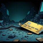 An illustration of an old-fashioned credit card being pulled out from under the rubble of a failed digital payment platform's remains, with broken screens and wires scattered around. A faint image of BRICS Bridge logo can be seen in the background, fading away into darkness. The atmosphere is gloomy, with shadows cast on the ground as if night has fallen suddenly. In the foreground, an old-fashioned credit card lies exposed, its magnetic strip gleaming slightly under a dim light source.  Credit cards are scattered around it, some of them partially buried in dust and debris.