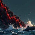 An illustration of a market chart with red lines descending in a steep slope as it crashes down towards an abyss at the bottom while Bitcoin whales are shown swimming away from the wreckage, leaving behind only ripples on the surface and bubbles rising up into the air amidst chaos. The background is dark grey to represent despair and hopelessness. A faint light can be seen far off in the distance representing a glimmer of hope for recovery but it's still too early to tell if it will materialize or not.