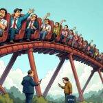 An illustration of a rollercoaster with investors as passengers wearing seatbelts while riding through an upslope section; some riders have their hands up in excitement or relief, others look worried or asleep; the background is filled with clouds and sky. In the foreground, two figures are shown standing near the tracks: one holding a briefcase labeled "ETFs" and looking at a chart on his phone while another figure looks concerned, pointing to an arrow indicating downward motion. The rollercoaster's track splits into multiple paths ahead, some rising higher than others;