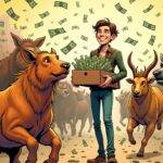 An illustration of a stampede scene with 500K cash notes running wildly in all directions as various animals from different coins run alongside them; some are chasing others while others seem to be trying to escape. In the background, Vitalik Buterin is shown standing calmly amidst chaos holding an animal coin collection box and smiling at what's happening before him. The scene has a comic book feel with exaggerated expressions on all characters involved in the stampede.