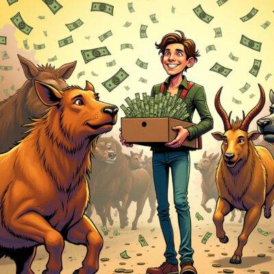 An illustration of a stampede scene with 500K cash notes running wildly in all directions as various animals from different coins run alongside them; some are chasing others while others seem to be trying to escape. In the background, Vitalik Buterin is shown standing calmly amidst chaos holding an animal coin collection box and smiling at what's happening before him. The scene has a comic book feel with exaggerated expressions on all characters involved in the stampede.