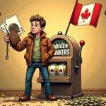 An illustration: A cartoon figure holding an empty wallet with a broken chain around it; behind him, two large playing cards are shown being drawn from a deck and falling into a slot machine that has just paid out. In front of him lies a pile of worthless coins on the ground amidst scattered leaves representing autumn decay. The background is painted in shades of brown to convey desolation. A faint image of Canada's maple leaf flag can be seen at the top right corner, faded away like an old photograph.