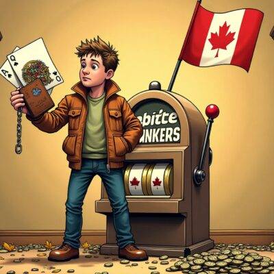 An illustration: A cartoon figure holding an empty wallet with a broken chain around it; behind him, two large playing cards are shown being drawn from a deck and falling into a slot machine that has just paid out. In front of him lies a pile of worthless coins on the ground amidst scattered leaves representing autumn decay. The background is painted in shades of brown to convey desolation. A faint image of Canada's maple leaf flag can be seen at the top right corner, faded away like an old photograph.