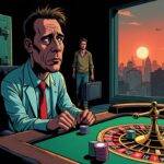 An illustration of a gambler sitting at a roulette table with stacks of chips that are slowly disappearing into his pockets as he looks up worriedly towards an empty, darkened room where once stood a large safe now replaced by a sign reading "ezBtc" in faded letters. In the background, two figures can be seen walking away from the scene carrying suitcases and looking back over their shoulders with concerned expressions on their faces while behind them lies a cityscape at dusk with many buildings still under construction but several others abandoned or destroyed.