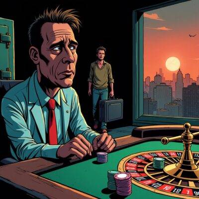 An illustration of a gambler sitting at a roulette table with stacks of chips that are slowly disappearing into his pockets as he looks up worriedly towards an empty, darkened room where once stood a large safe now replaced by a sign reading "ezBtc" in faded letters. In the background, two figures can be seen walking away from the scene carrying suitcases and looking back over their shoulders with concerned expressions on their faces while behind them lies a cityscape at dusk with many buildings still under construction but several others abandoned or destroyed.