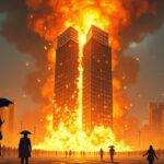An illustration of an old skyscraper engulfed by flames with smoke billowing out and a massive explosion at its base; Bitcoin symbols are scattered across the building's facade as it crumbles to pieces amidst chaos on the streets below where people run for their lives while others look up in horror, all set against a darkening sky. In the foreground, two figures representing traditional finance institutions stand frozen with fear, one holding an umbrella and looking away from the inferno; they are dwarfed by the towering flames that seem to be consuming everything around them.