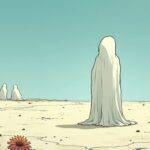 An illustration of a ghostly figure standing alone in an empty landscape with its back turned to the viewer while looking up towards the sky where it sees two other figures (one large, one small) walking away from each other but still together and visible on the horizon; below them is a faint outline of three different paths. The ground beneath the lone ghostly figure has cracks in it as if something had been broken or abandoned there for some time while nearby are scattered remnants of what could be seen as once vibrant flowers now wilted, faded and dying.