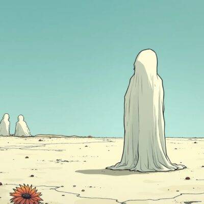 An illustration of a ghostly figure standing alone in an empty landscape with its back turned to the viewer while looking up towards the sky where it sees two other figures (one large, one small) walking away from each other but still together and visible on the horizon; below them is a faint outline of three different paths. The ground beneath the lone ghostly figure has cracks in it as if something had been broken or abandoned there for some time while nearby are scattered remnants of what could be seen as once vibrant flowers now wilted, faded and dying.