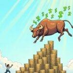 An illustration: A stylized bull charging upwards through clouds with green dollar signs bursting out from its body; below it lies an upward-sloping mountain range made of stacked ADA coins. The background is a bright blue sky filled with sun rays and subtle wisps of cloud, symbolizing optimism and growth. In the foreground, tiny figures representing investors are shown running towards the bull in excitement, arms raised high as they chase after its rising trajectory. A faint outline of Cardano's logo can be seen on top of one of the mountain peaks.