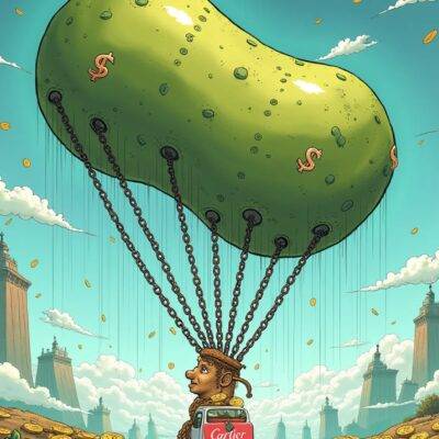 An illustration: A large money bean is surrounded by smaller ones in the background while being held up high above two countries on either side, both shown as small islands and engulfed in a cloud-like substance representing cocaine smoke. The larger money bean has several strings attached to it that go through various shell company buildings with dollar signs floating around them. In the foreground, an image of Cartier's luxury goods is being torn apart by chains while USDT coins are falling from above like rain.