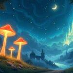 An illustration: A fantasy landscape with five glowing mushrooms sprouting from a misty forest floor; each mushroom is surrounded by swirling clouds and stars in different colors. In the background, an ethereal castle rises into the sky as if made of pure light. The scene glows softly under starlight. Five wispy dragons soar above the treetops, their paths intersecting with shooting stars that streak across the night sky. A crescent moon casts a gentle glow on the landscape below. In the distance, an eerie mist swirls around ancient ruins overgrown by vines and moss.