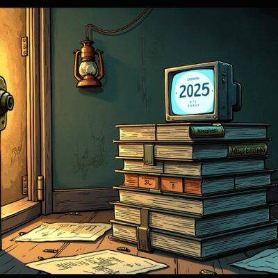 An illustration of an old-fashioned bank vault door with rusty hinges opening slowly. Inside is seen a large stack of books labeled 'Regulations' on top of which sits a small, modern computer screen displaying a countdown timer set for 2025. The room behind it has scattered papers and pens in disarray as if someone was working there recently. A faint glow emanates from the back wall where an old-fashioned lantern hangs precariously close to some electrical wires that seem about to spark.