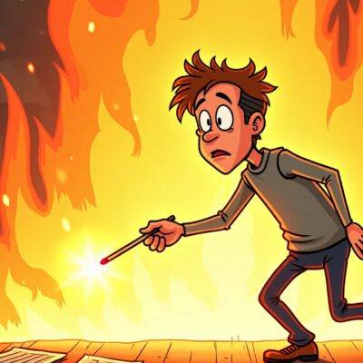 An illustration: A cartoon figure with a puzzled expression is shown holding an unlit matchstick; flames are erupting from behind him as if suddenly ignited; in the background there's a faint image of a digital clock ticking away rapidly. The character appears to be caught off guard by the fire, and his eyes widen in surprise while he takes a step back with one hand still grasping the matchstick. A subtle hint of smoke is rising from the flames as they engulf him; nearby are scattered papers or documents that seem to have been blown about by an unseen force.