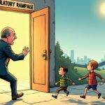 An illustration of a large suit-clad figure (Gary Gensler) standing in front of an open door with a sign that reads "Regulatory Rampage" above it. The figure is yelling at people running away from the doorway below him. In the background are several smaller figures representing different industries, including crypto and biotech, looking relieved as they walk towards a more stable-looking regulatory landscape marked by clear laws and predictable regulations. A large arrow points upwards to indicate an end to unchecked bureaucratic power.