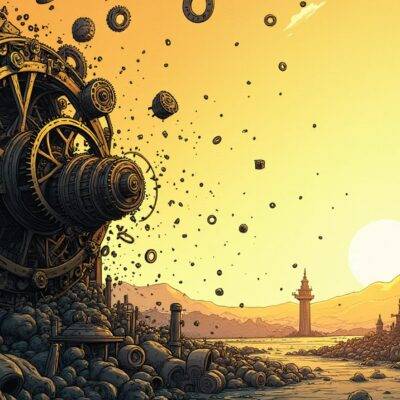 An illustration of an old clockwork mechanism with gears being dismantled as new modern machinery enters from the left side to replace it; amidst this transition, some loose cogs float away into a void representing change. The background is filled with faint lines suggesting uncertainty while clarity begins to emerge in the foreground where light starts shining through gaps between the machines. In the distance, there are hints of mountains and clouds indicating an evolving landscape.