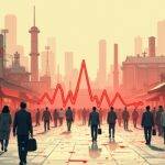 An illustration of an economy with a slow heartbeat and weak pulse lines in red; factories idle or closed down; consumers walking away from stores empty-handed while others are seen queuing up for discounts on consumer goods, amidst signs of economic downturn such as falling prices and declining commodity usage. The overall atmosphere is one of stagnation and uncertainty. In the background, a faint outline of Chinese leaders can be seen in discussion with policymakers to roll out more support measures aimed at consumers instead of infrastructure.