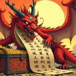 An illustration depicting a Chinese dragon guarding treasure chests overflowing with gold coins and jewels while surrounded by broken chains representing freedom from crime; in the background, a cityscape at sunset symbolizing hope for a brighter future; above the scene, two wings spread wide as if protecting all below. The dragon's claws grasp an ancient scroll unrolled to reveal intricate Chinese characters that evoke a sense of tradition and authority. In contrast, nearby broken chains lie scattered on the ground, signifying liberation from money laundering activities.