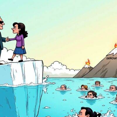 An illustration of a cartoon Senator Chuck Schumer standing on top of an iceberg, wearing sunglasses and holding hands with Vice President Kamala Harris as she stands at its edge; below them is a sea of confused-looking politicians from both parties swimming towards each other amidst waves labeled 'Regulation', 'Innovation' and 'Crypto'; in the background are two opposing mountains: one covered in snowflakes representing Republican Party policies, and another with flames rising up to represent Democratic Party hostility. Schumer's arms stretch out wide as he gestures toward Harris;