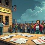 An illustration showing an exchange office with people rushing to get inside while others are trying to climb over walls and fences. The building has broken windows, torn shutters, and a sign reading "Closed" is hanging from it. In front of the building there's a table with papers scattered all around, some of them have red stamps on them saying "Withdraw". A person in the background holds up a megaphone shouting while another one points at him angrily. The sky above has dark clouds and lightning bolts are striking down to earth.