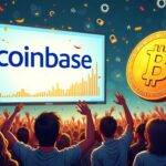 An illustration of an excited crowd in front of a giant screen displaying Coinbase's logo with confetti and balloons falling from above; at the bottom left corner is a rising graph showing increasing numbers. In the background are Bitcoin symbols intertwined with DeFi elements like gears, locks, and chains. A large Wrapped Bitcoin token dominates the top right side surrounded by smaller tokens representing various cryptocurrencies. The scene conveys excitement and anticipation for Coinbase's new wrapped token release while hinting at its potential impact on the cryptocurrency market.