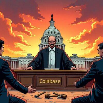 An illustration of an angry judge in judicial robes, standing over two opposing lawyers (one dressed as a corporate executive) with arms crossed and one hand raised for emphasis; behind them is the U.S. Capitol building at sunset with dark clouds gathering above it, while on either side are stylized representations of cryptocurrency symbols amidst swirling stormy weather patterns. The judge's gavel lies broken in two pieces on the floor before him as a faint outline of Coinbase's logo appears partially obscured by smoke rising from the scene;