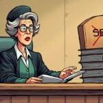 An illustration featuring Judge Judy sitting at her bench wearing a judge's hat while looking sternly over reading glasses. In front of her is an empty chair labeled "SEC" with a red X marked through it, next to which stands a large stack of books titled 'Digital Asset Legislation'. On the wall behind her hangs a sign that reads "Case Dismissed". A gavel lies on the bench beside Judge Judy's hand as she gestures towards the SEC seat.