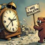 An illustration of a cartoon bear wearing glasses holding an "I Hate Regulation" sign while standing next to a broken clock with chains wrapped around it; another bear is shown trying to break free from the chains but being held back by a large hand. In the background, there are scattered papers and books labeled as laws and regulations, some torn apart or on fire. The atmosphere of the scene suggests chaos and frustration. A small group of bears in the distance can be seen running away with their hands up in surrender.