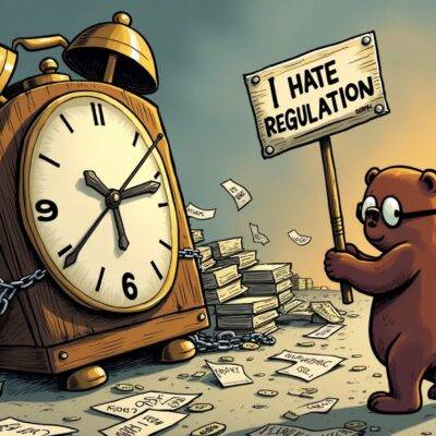 An illustration of a cartoon bear wearing glasses holding an "I Hate Regulation" sign while standing next to a broken clock with chains wrapped around it; another bear is shown trying to break free from the chains but being held back by a large hand. In the background, there are scattered papers and books labeled as laws and regulations, some torn apart or on fire. The atmosphere of the scene suggests chaos and frustration. A small group of bears in the distance can be seen running away with their hands up in surrender.