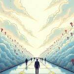An illustration: A large-scale image showing an abstract representation of regulatory uncertainty with unclear rules floating above it like clouds; in contrast, below these clouds lies a clear pathway representing clarity and order. The cloudy area is filled with various obstacles such as hurdles, pitfalls, and question marks that are being navigated by figures resembling digital asset companies or investors who appear uncertain about their next steps due to the lack of defined regulations.
