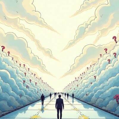 An illustration: A large-scale image showing an abstract representation of regulatory uncertainty with unclear rules floating above it like clouds; in contrast, below these clouds lies a clear pathway representing clarity and order. The cloudy area is filled with various obstacles such as hurdles, pitfalls, and question marks that are being navigated by figures resembling digital asset companies or investors who appear uncertain about their next steps due to the lack of defined regulations.