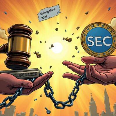 An illustration of a judge's gavel being held by an arm that is trying to break free from chains while in the background, Coinbase and SEC logos are intertwined with broken locks as they both try to hold onto each other but ultimately slip away amidst chaos. A torn piece of paper floats above them showing a calendar date 2021 March. In the foreground, two opposing hands holding different ends of a rope that is being pulled apart by unseen forces. The hand on one end has a key in its palm while the other holds an anchor with broken chains around it.