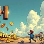 An illustration: A large hand holding a hammer is shown above Coinbase's logo on the ground with broken pieces of rules around them; below this scene there’s another giant hand waving away at some distant clouds representing new regulations. The background has an old-fashioned keyhole and a modern-looking lock side by side, symbolizing outdated laws versus emerging technologies. In front of it all is a blurred image of people running in different directions with confused expressions on their faces.