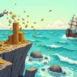 An illustration of a person standing at the edge of a cliff overlooking an ocean with waves crashing below; they hold a large stack of coins that seem to be slipping through their fingers into the sea as some float away on the water's surface. The figure is surrounded by scattered coins and debris from what appears to have been a shipwreck, suggesting loss or failure in one part of their business while others are thriving nearby. In contrast, other stacks of coins remain intact near them but slightly out of reach, hinting at potential gains yet untapped.