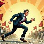 An illustration of a stern-looking man in a suit being chased by multiple angry faces with red flags waving above them; one face has an SEC logo on it while another holds a "regulation-by-harassment" sign. The chaser's path leads through broken rules and regulations scattered around the ground, as he trips over his own feet amidst chaos caused by flying papers and books labeled 'SEC' and 'Gary Gensler'. In the background, an image of your aunt at Thanksgiving is seen with a stern expression on her face while holding a "harasser" sign.
