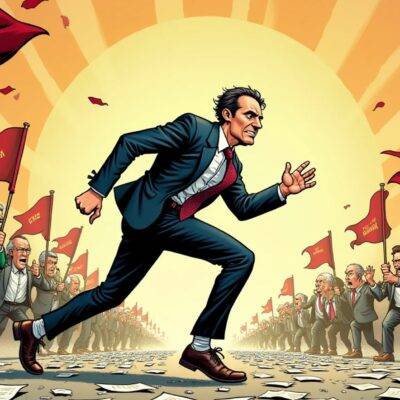 An illustration of a stern-looking man in a suit being chased by multiple angry faces with red flags waving above them; one face has an SEC logo on it while another holds a "regulation-by-harassment" sign. The chaser's path leads through broken rules and regulations scattered around the ground, as he trips over his own feet amidst chaos caused by flying papers and books labeled 'SEC' and 'Gary Gensler'. In the background, an image of your aunt at Thanksgiving is seen with a stern expression on her face while holding a "harasser" sign.