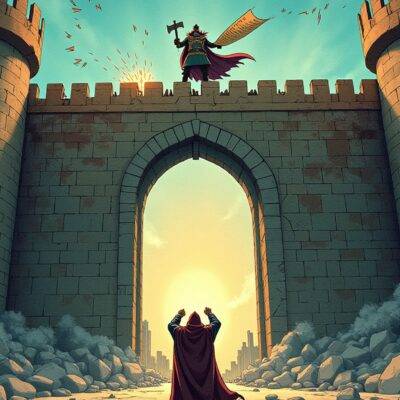 An illustration: A wizard stands in front of an imposing castle with gates wide open; he holds up his hands to shield himself from falling debris. The walls are cracked but still standing, while rubble lies scattered at their base. In one corner a large stone is inscribed 'SEC' and another has the words 'Consensys'. On top of the wall stands a figure holding an axe with sparks flying off it; in its other hand there's a scroll unrolling as if being pulled by some unseen force, revealing lines that resemble code or runes.